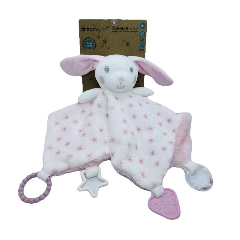 Dreamgro Pink Bunny Activity Blankie Lovey Plush Security Blanket 14